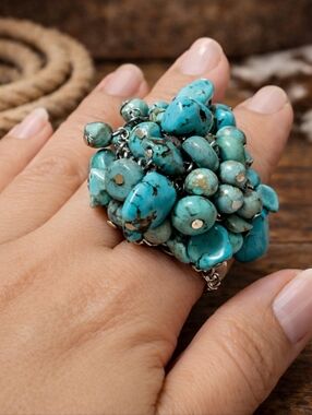 Vintage Turquoise Cluster Stretch Ring Blue Beaded Cocktail Ring Boho Statement